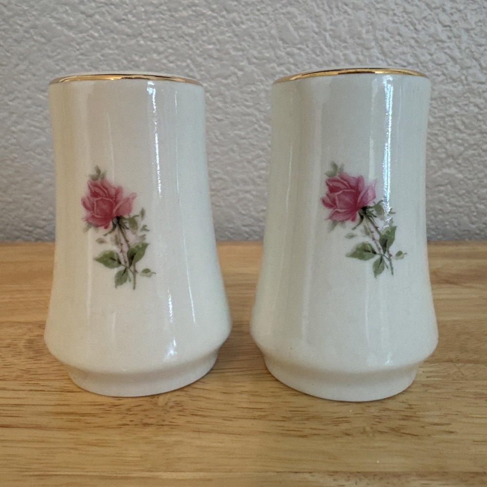 Vtg Cottagecore Johann Haviland Style Moss Rose Salt &‎ Pepper Gold Rim w/Plugs